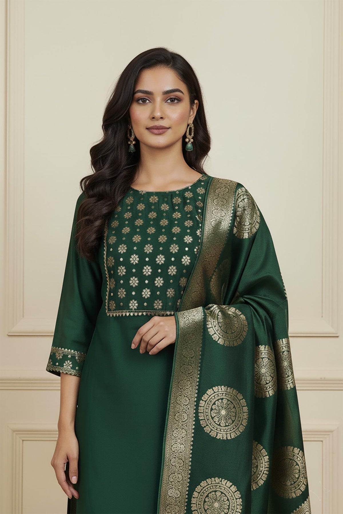 SN290 women’s silk blend kurta set closeup showing gold floral yoke detailing and round neckline