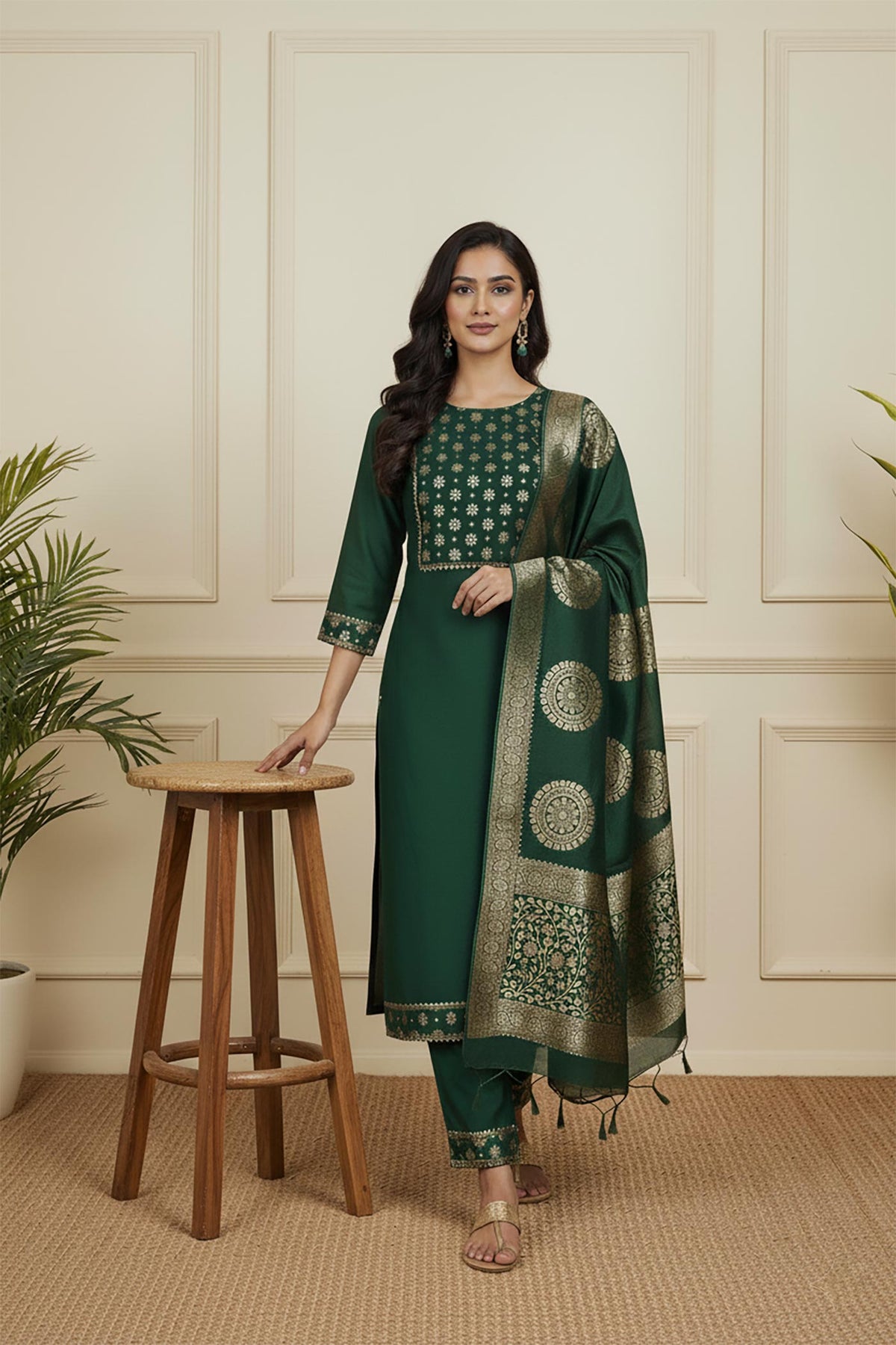 SN290 women’s silk blend kurta set walking pose with gold motifs and matching straight pants