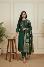 SN290 women’s silk blend kurta set walking pose with gold motifs and matching straight pants