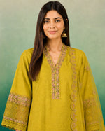 SN291 women’s mehendi green V-neck embroidered kurta set closeup showing neckline detail