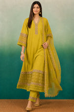SN291 women’s mehendi green embroidered kurta set walking pose with flowing dupatta
