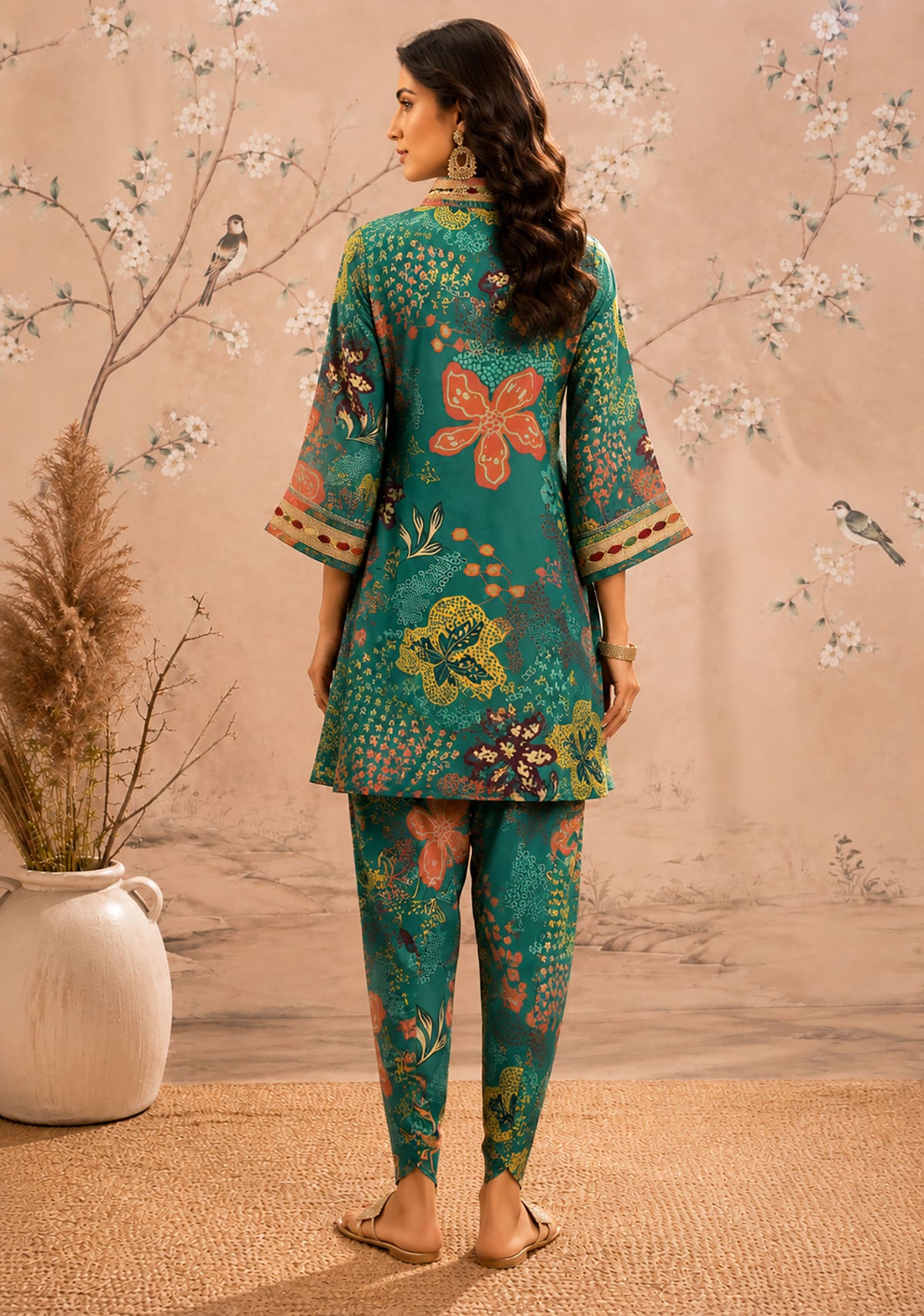 SN294 women’s teal printed poly georgette kurta co-ord set with botanical print back pose