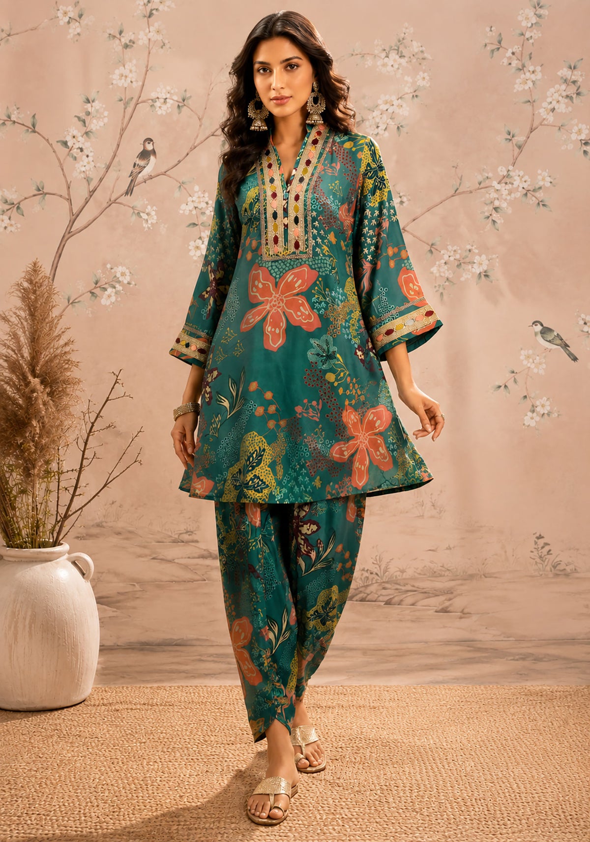 SN294 women’s teal printed poly georgette kurta co-ord set with V-neck and three-quarter sleeves front pose