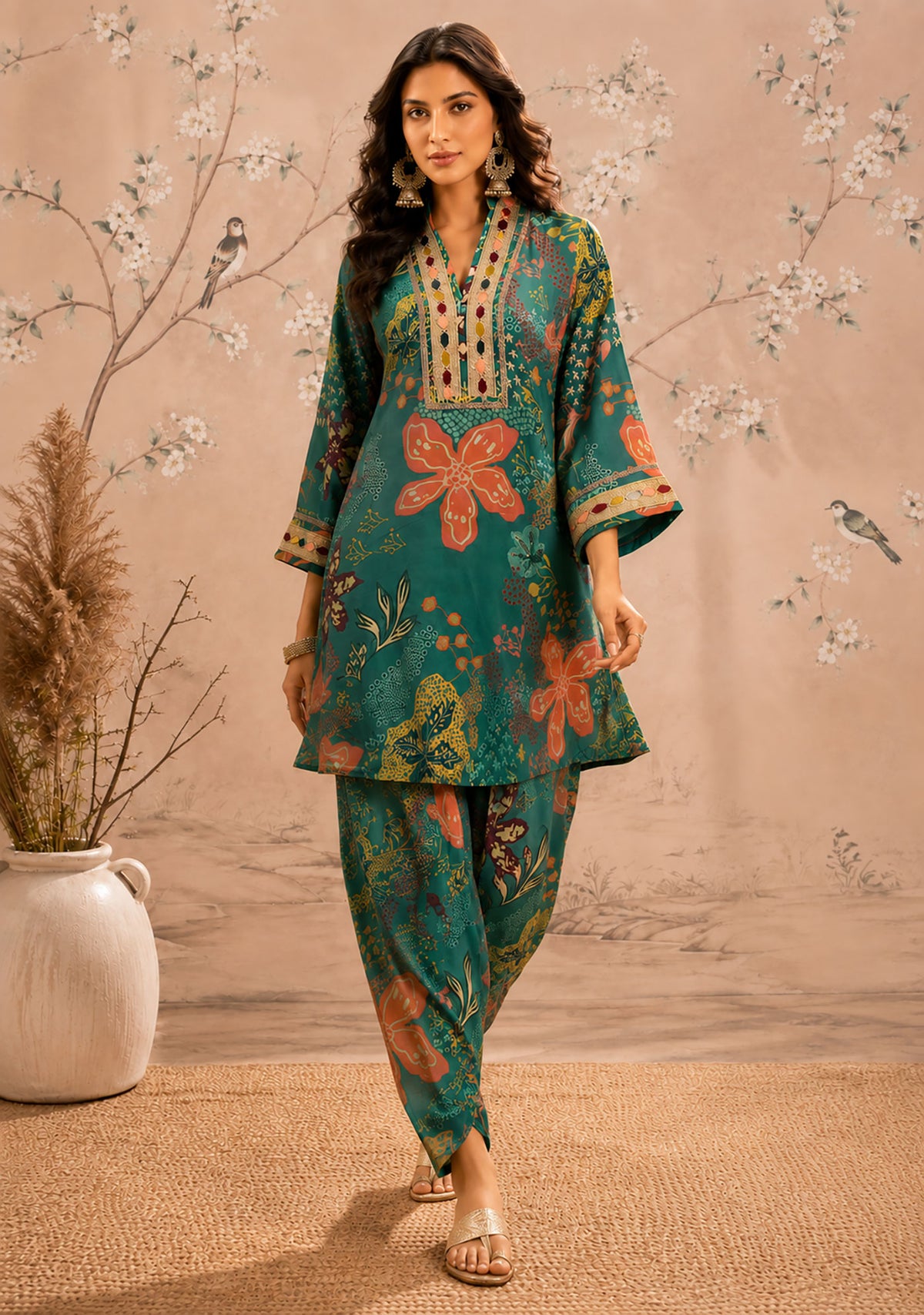 SN294 women’s teal printed poly georgette kurta co-ord set with flowing drape walking pose