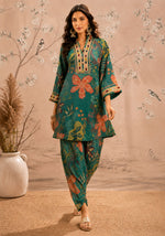 SN294 women’s teal printed poly georgette kurta co-ord set with flowing drape walking pose