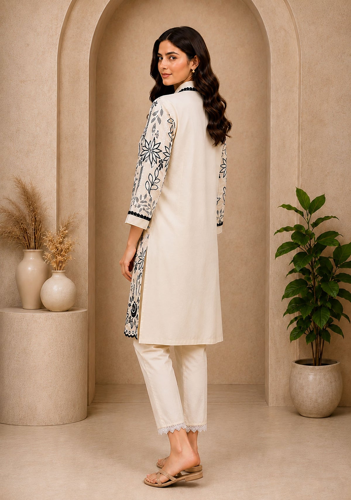 SN298 women’s long sleeve V-neck embroidered kurti set back pose with plain rear panel