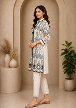 SN298 women’s long sleeve V-neck embroidered kurti set side pose with floral hem detail