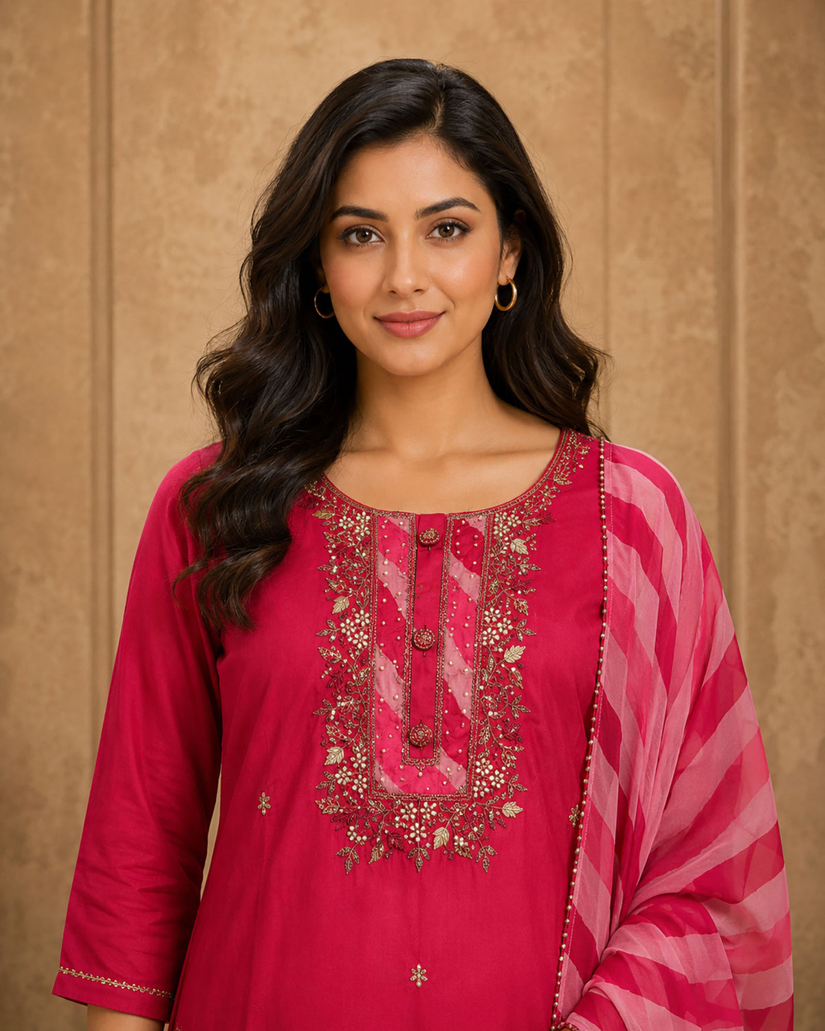 SN301 women’s pink kurta closeup with detailed neckline embroidery and three-quarter sleeves