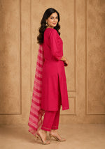 SN301 women’s pink embroidered kurta set side view with straight fit and dupatta drape