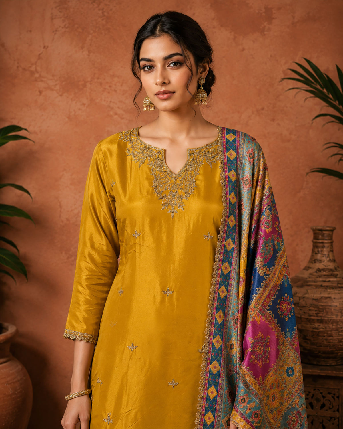 SN303 women’s mustard V-neck embroidered kurta closeup showing neckline detail