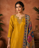 SN303 women’s mustard V-neck embroidered kurta closeup showing neckline detail