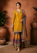 SN303 women’s mustard embroidered kurta sharara set walking pose with flowy drape