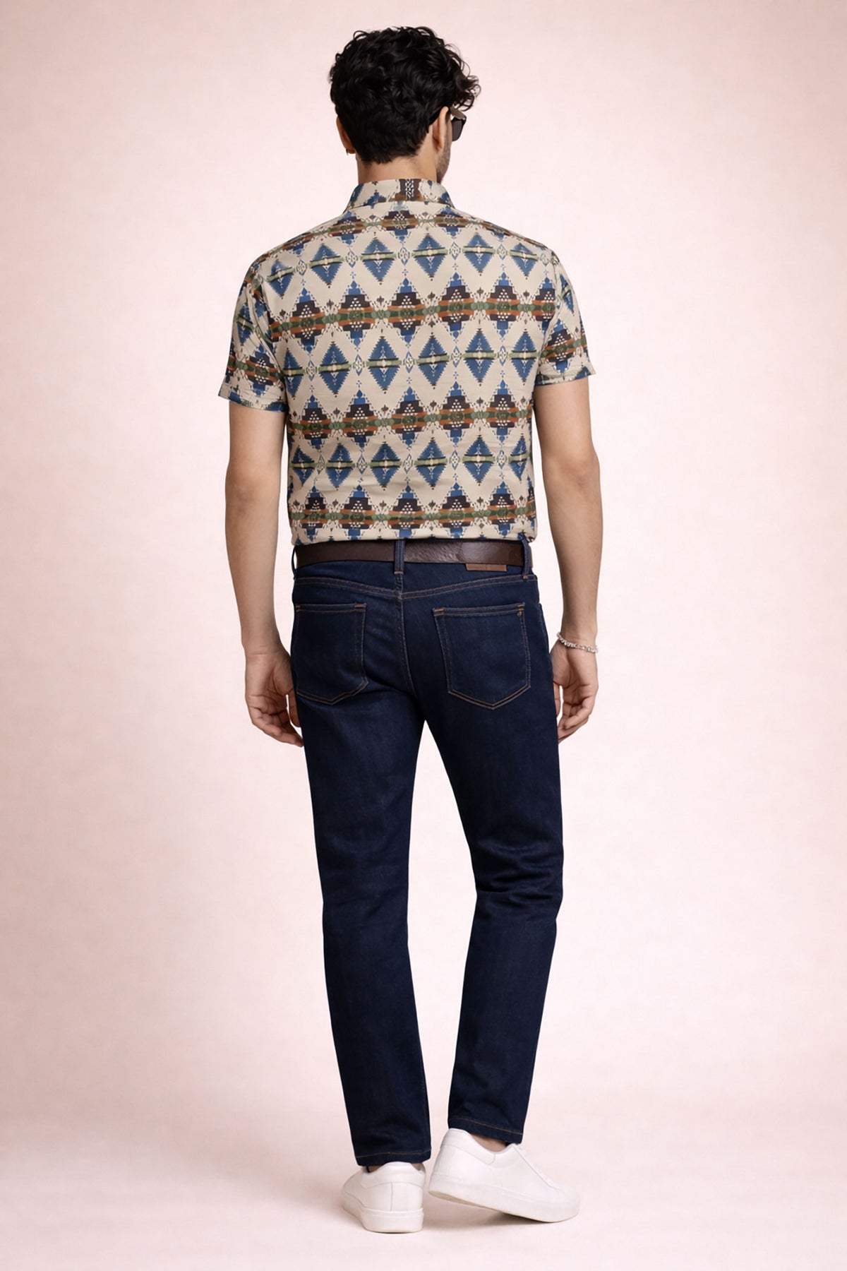 SN308 men’s beige cotton blend tribal print shirt back view showing full pattern alignment and fit