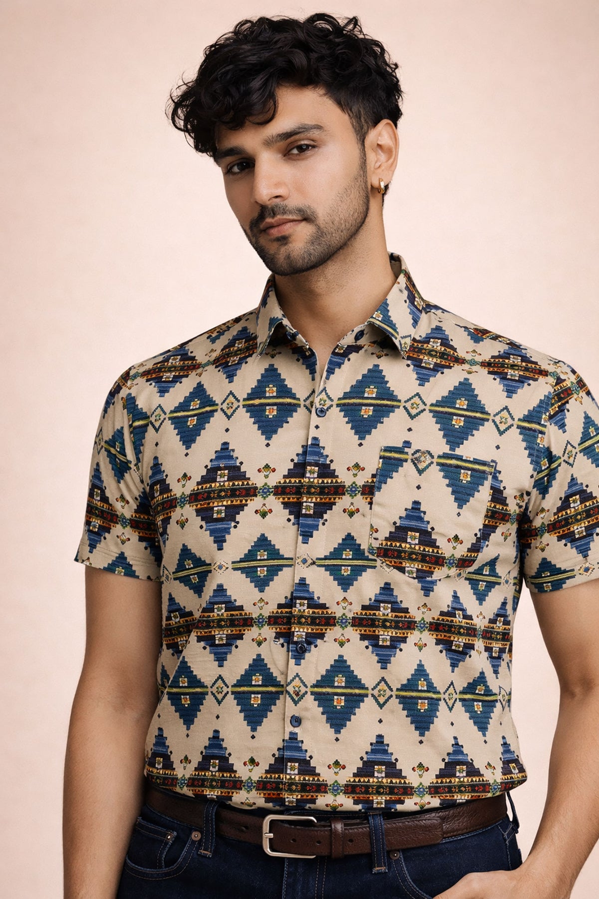 SN308 men’s beige cotton blend tribal print shirt closeup showing geometric pattern and fabric texture