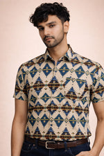 SN308 men’s beige cotton blend tribal print shirt closeup showing geometric pattern and fabric texture