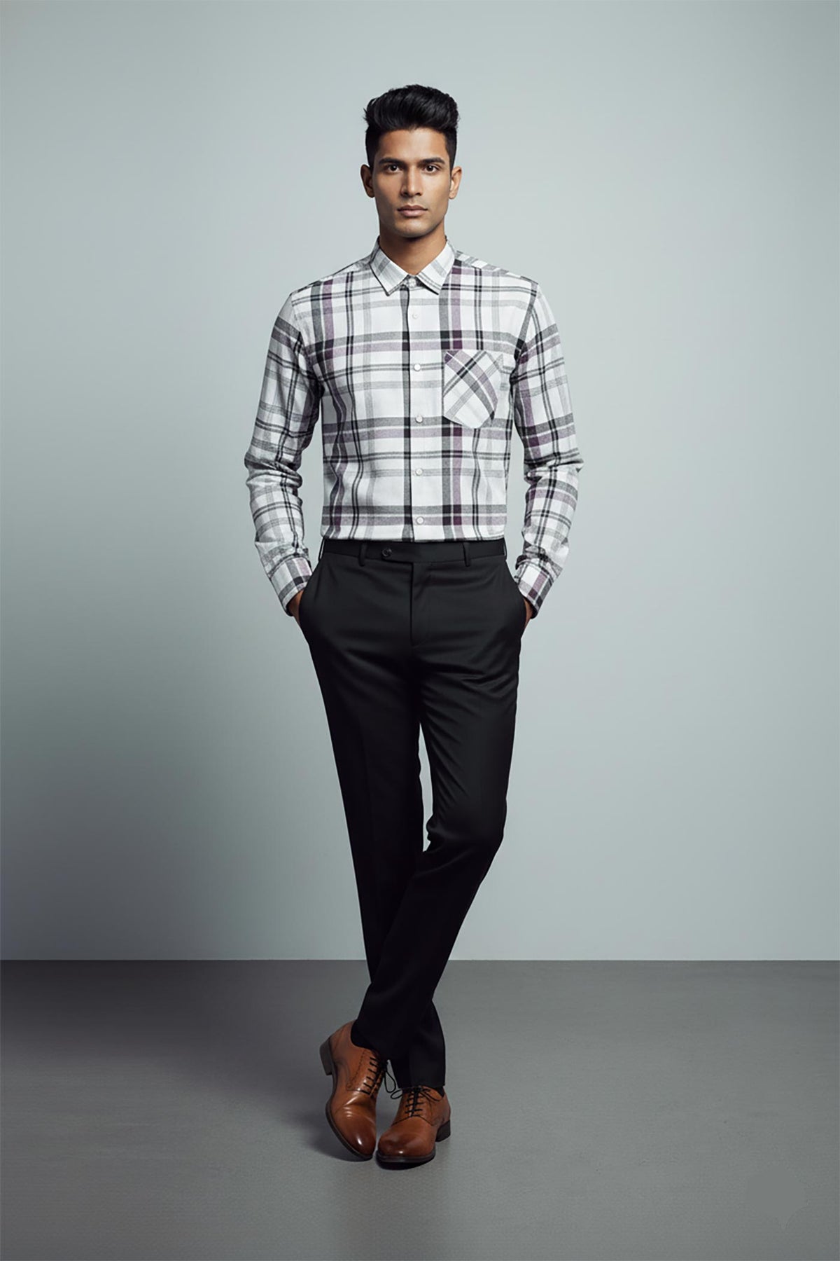 SN309 men’s white grey cotton checked slim fit shirt front pose with long sleeves and point collar
