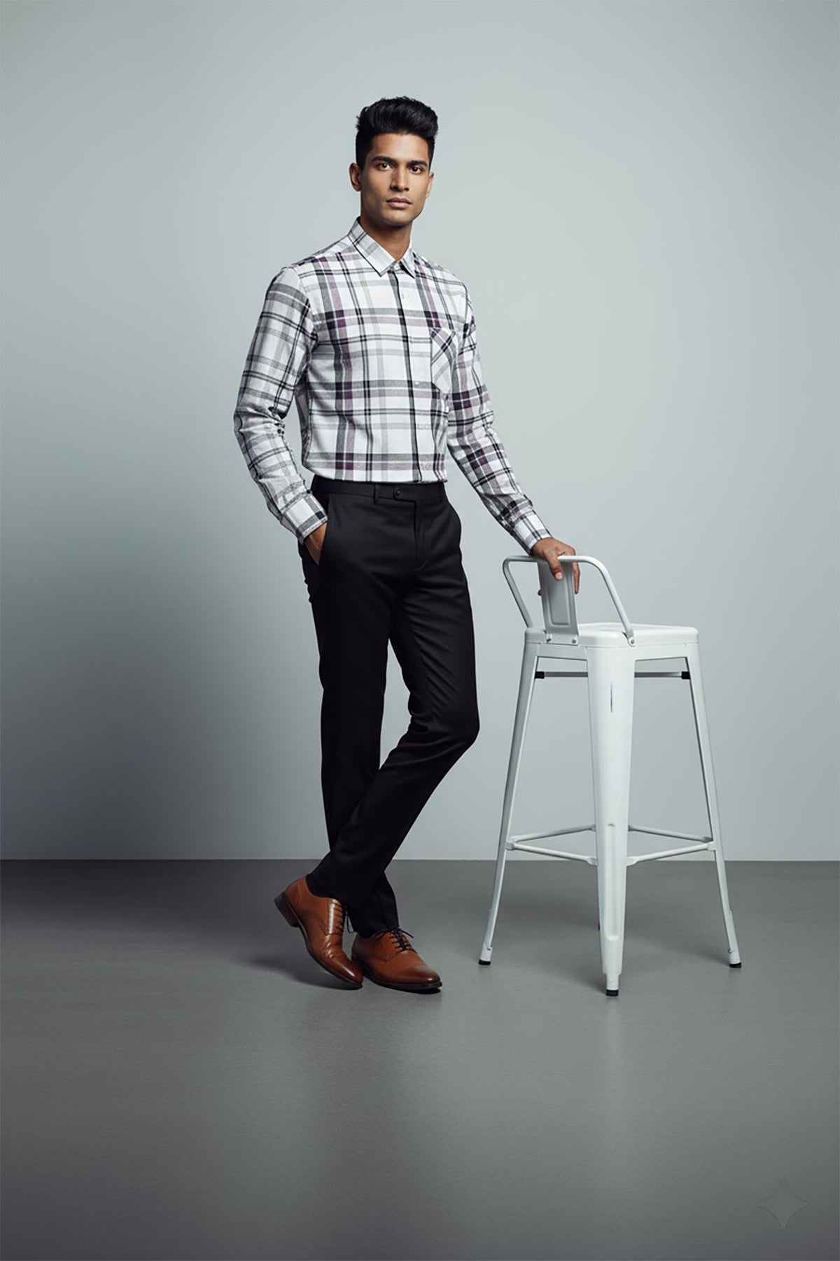 SN309 men’s white grey cotton checked slim fit shirt side pose with full sleeves and tailored silhouette