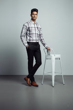 SN309 men’s white grey cotton checked slim fit shirt side pose with full sleeves and tailored silhouette