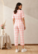 SN31 women’s pink gingham V-neck short sleeve jumpsuit with elastic waist – back pose