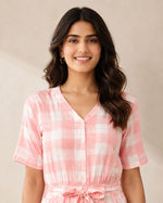 SN31 women’s pink gingham V-neck short sleeve jumpsuit with button front – closeup pose