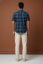 SN310 men’s midnight blue cotton blend plaid short sleeve shirt back pose with classic regular fit