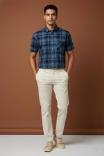 SN310 men’s midnight blue cotton blend plaid short sleeve shirt front pose with regular fit styling