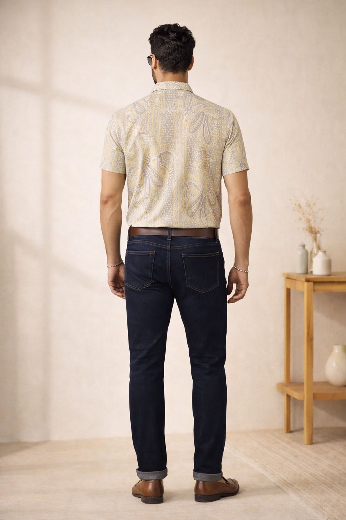 SN311 men’s yellow paisley printed cotton blend shirt back pose showing rear design