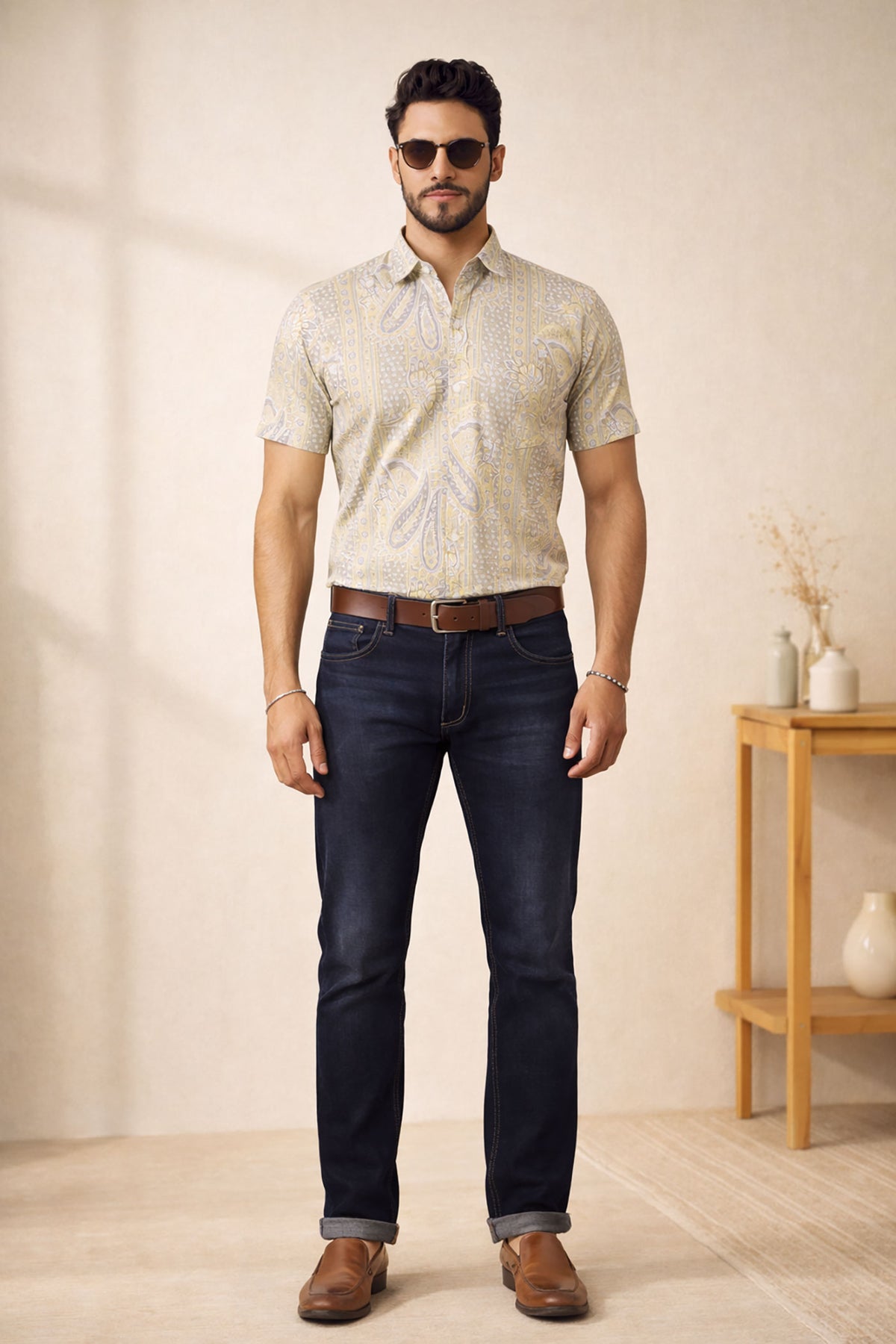 SN311 men’s yellow paisley printed cotton blend shirt front pose full body view