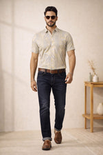 SN311 men’s yellow paisley cotton blend shirt walking pose with natural fabric movement