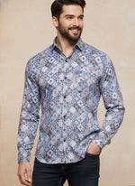 SN312 men’s blue grey mosaic print cotton blend long sleeve shirt closeup detailing