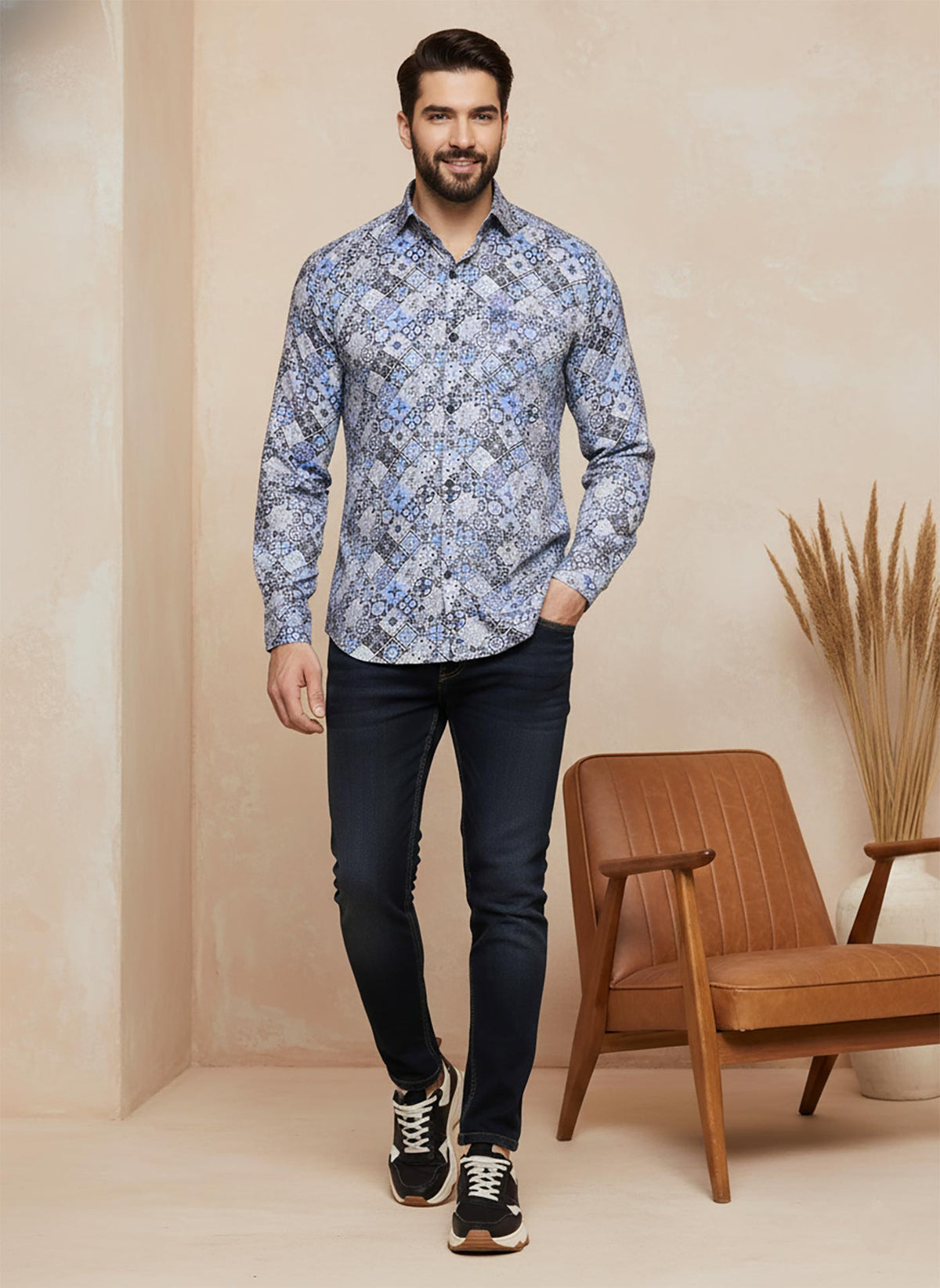 SN312 men’s blue grey mosaic print cotton blend slim-fit shirt walking pose with denim