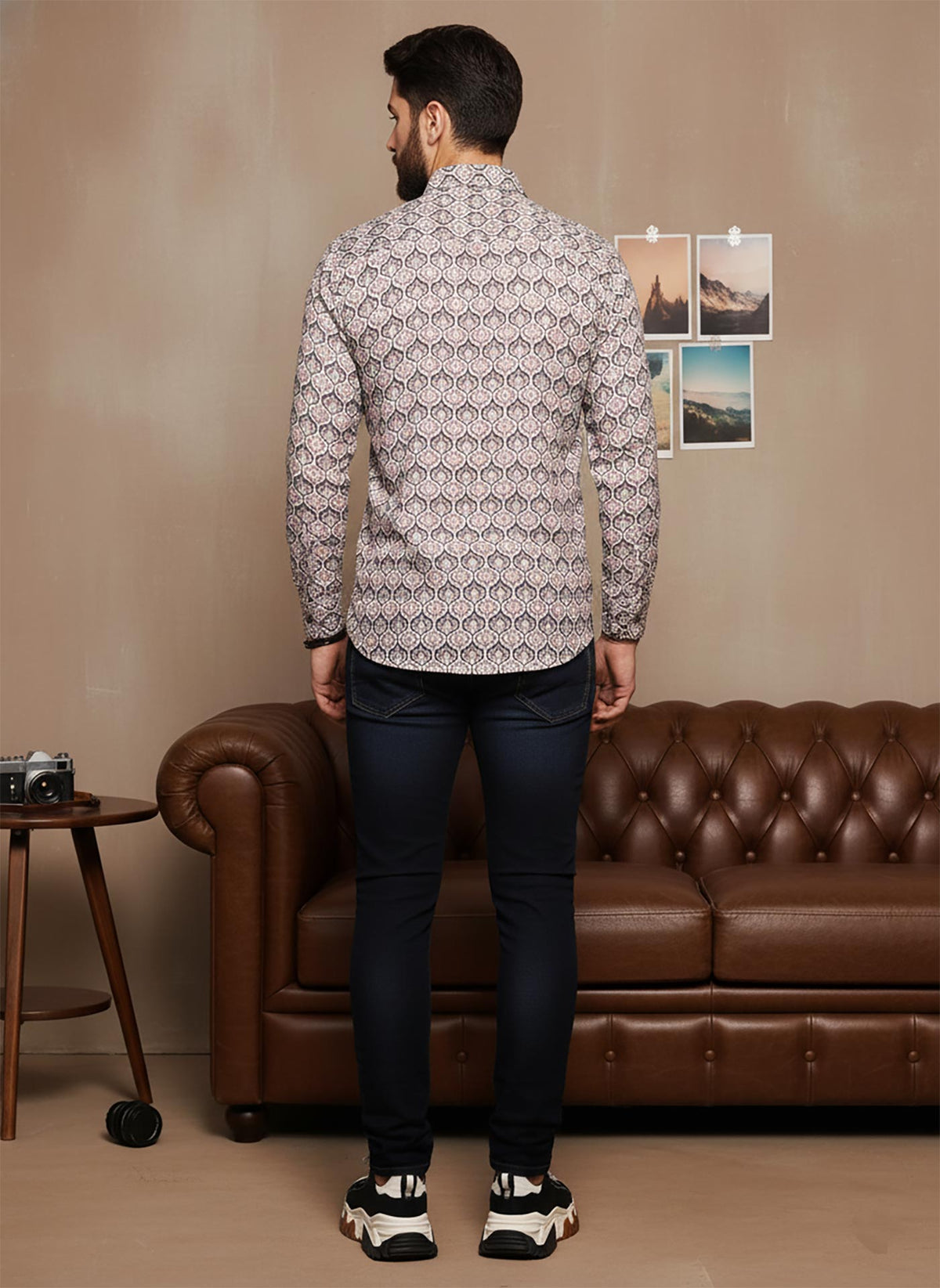 SN314 men’s beige cotton blend geometric print slim fit long sleeve shirt back pose