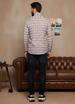 SN314 men’s beige cotton blend geometric print slim fit long sleeve shirt back pose