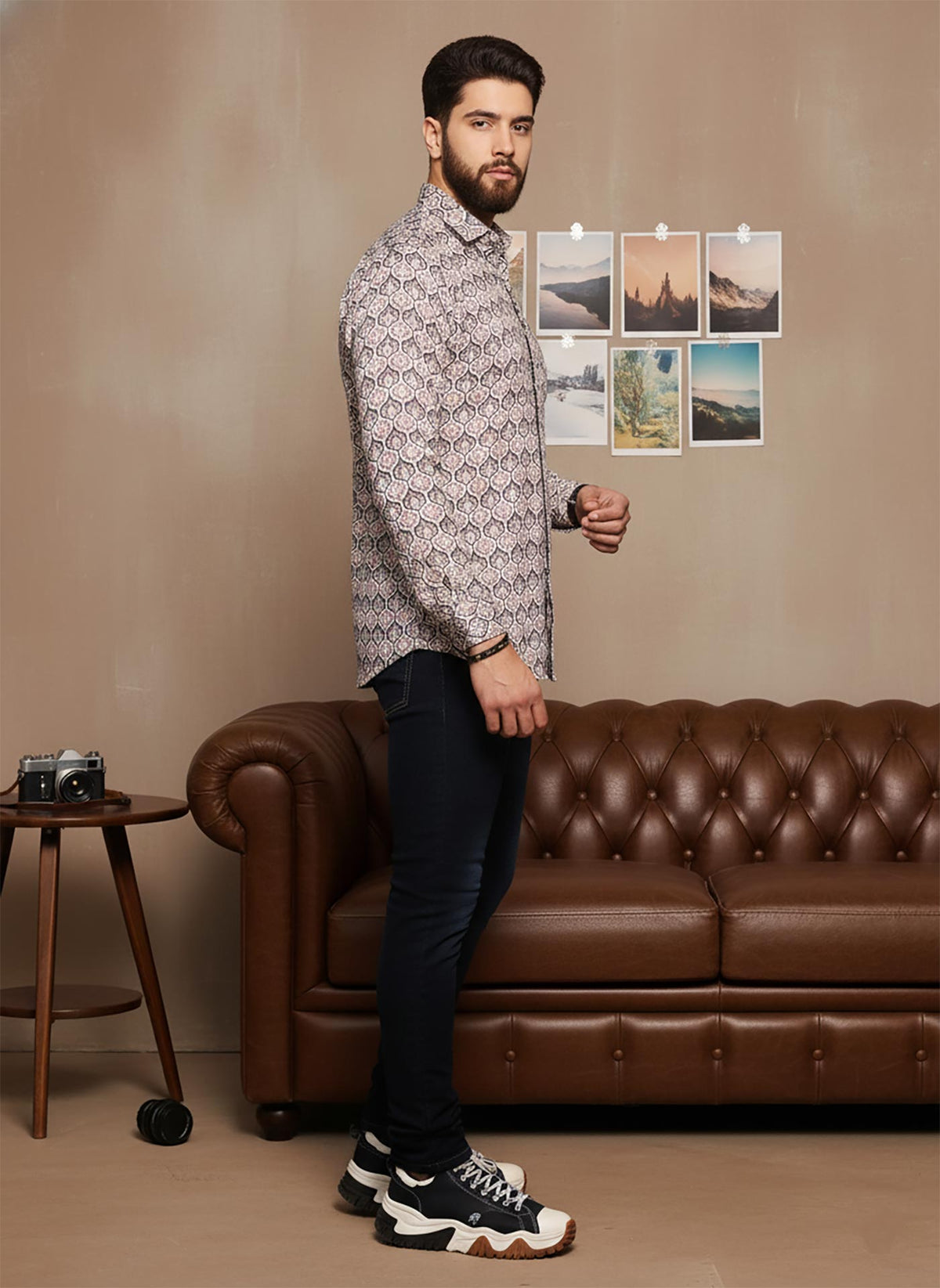 SN314 men’s beige cotton blend geometric print long sleeve slim fit shirt side pose