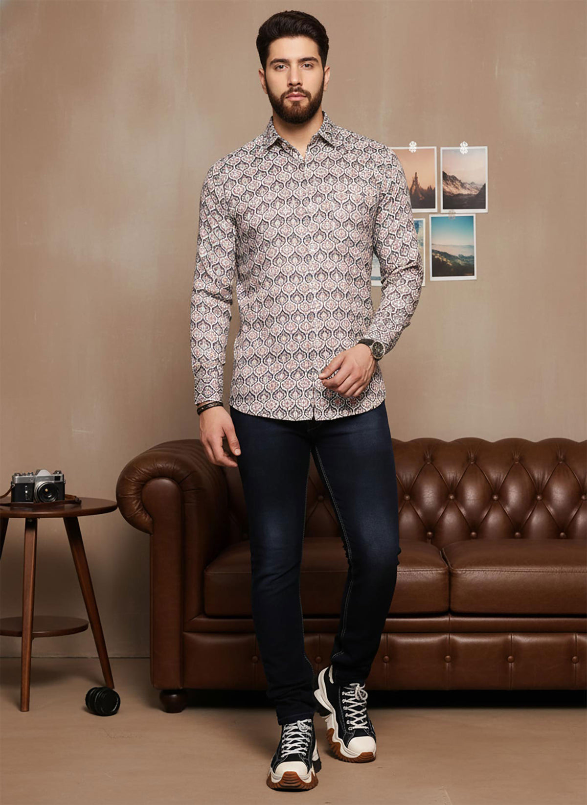 SN314 men’s beige geometric print cotton blend slim fit shirt walking pose with dark jeans