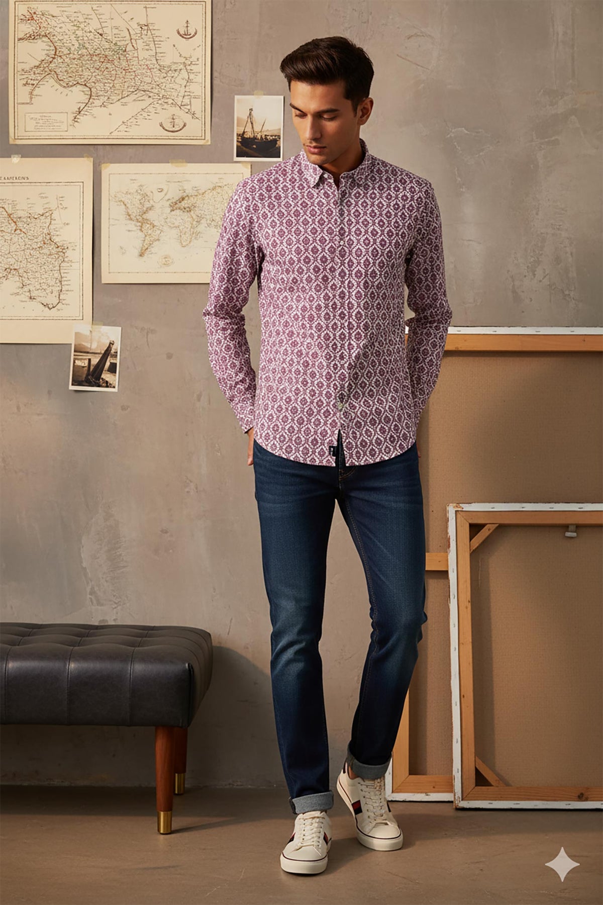 Purple geometric printed cotton shirt on model, slim fit, front view styled with dark denim and white sneakers.