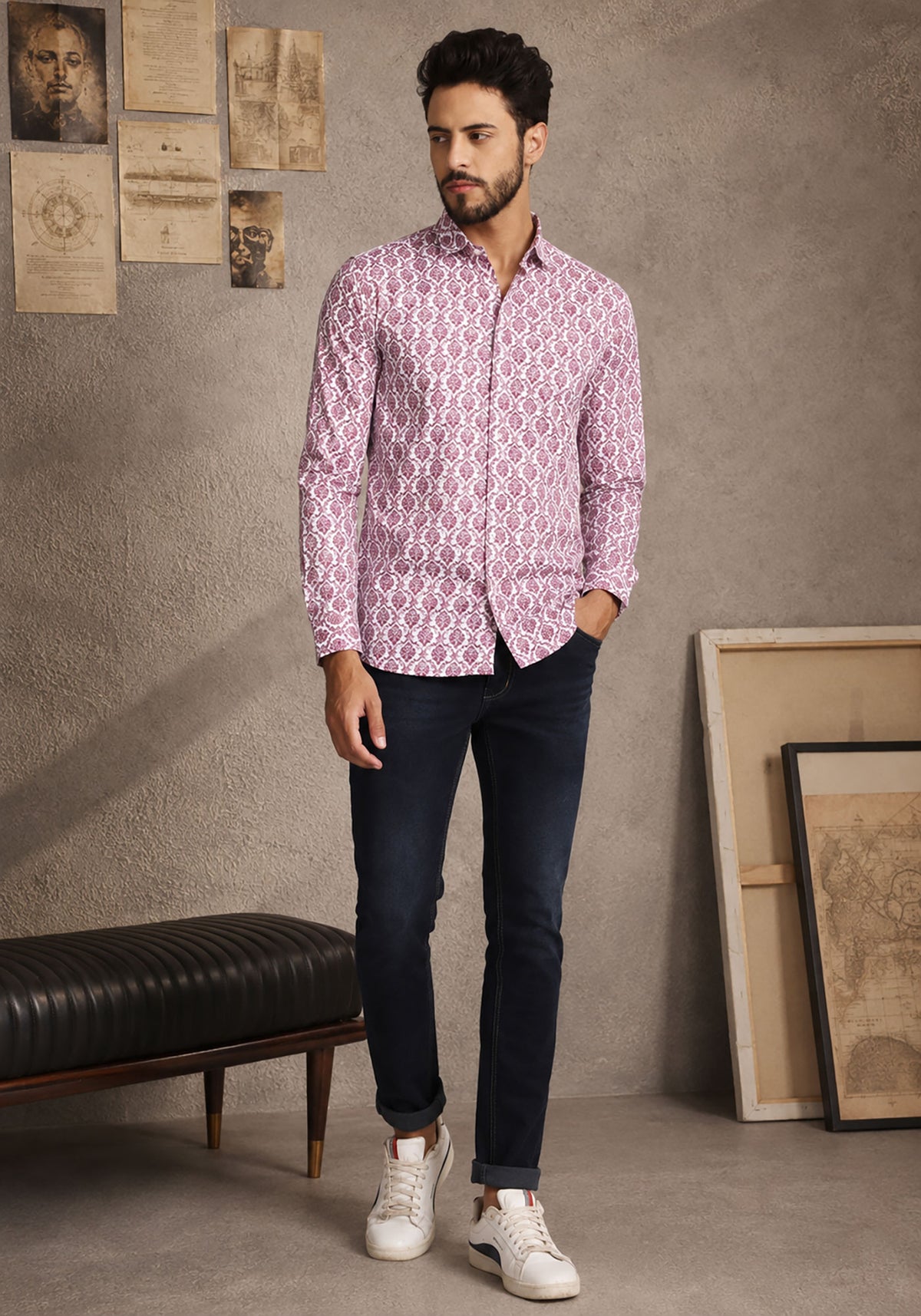 Purple Cotton Printed Shirt Slim Fit Geometric for Men