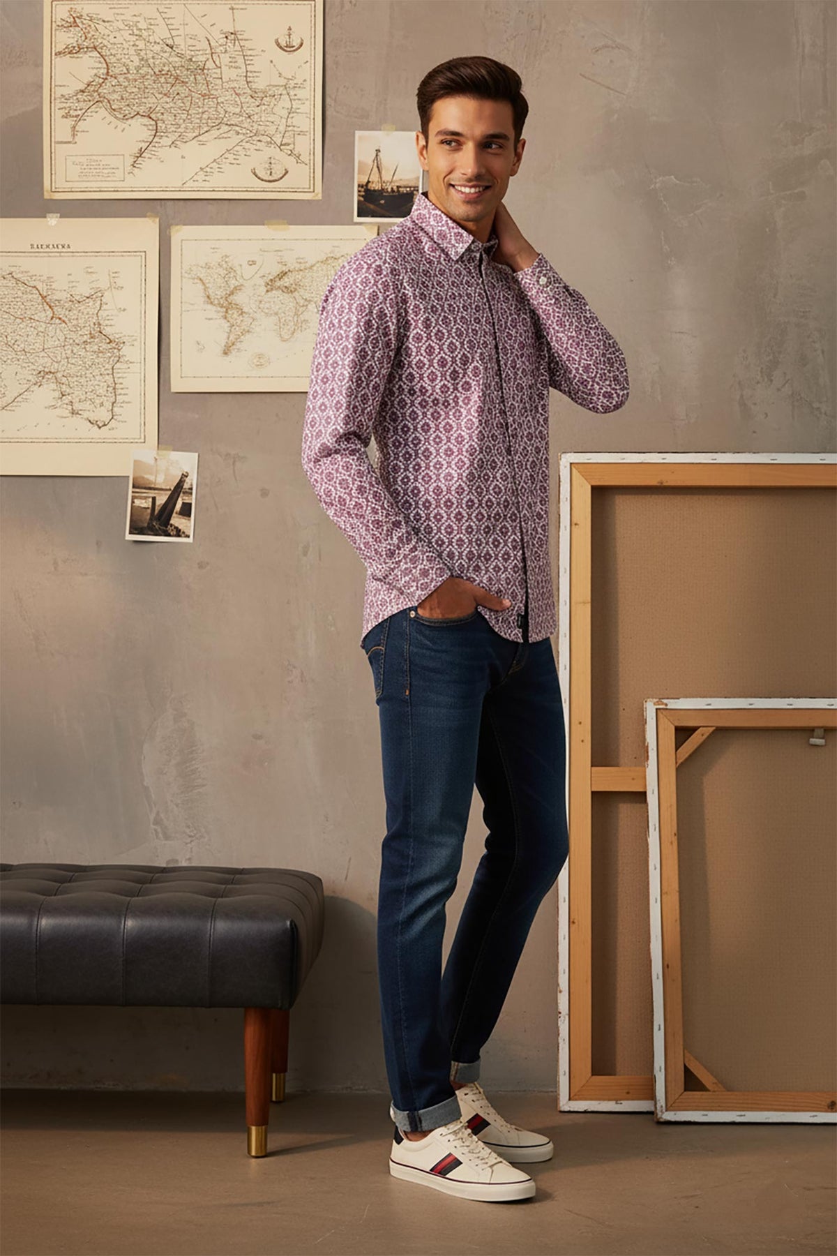 Right side angle of purple geometric print cotton shirt, slim fit with dark denim and casual sneakers.