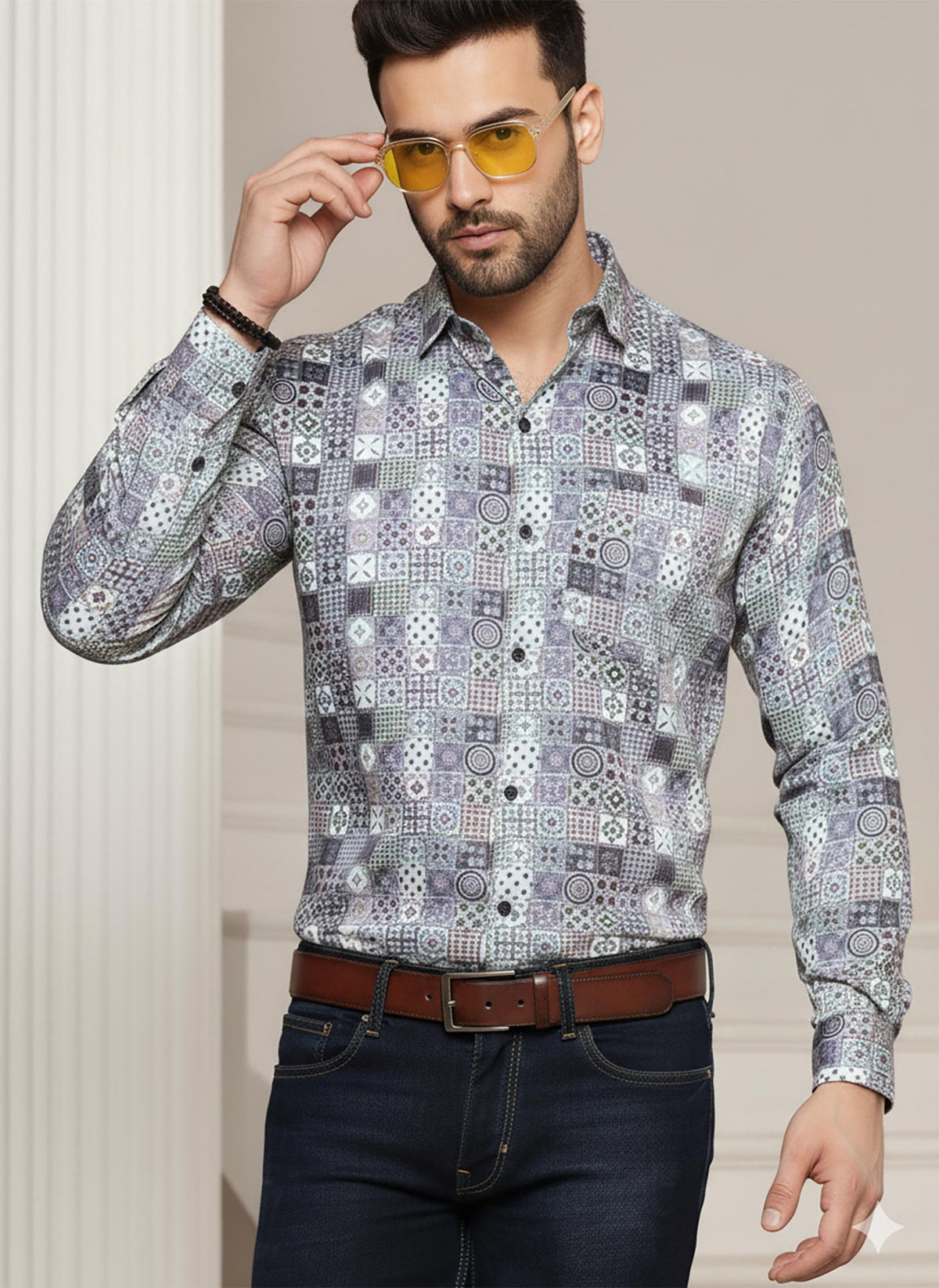 SN318 men’s grey cotton blend mosaic tile print slim fit shirt closeup detail view