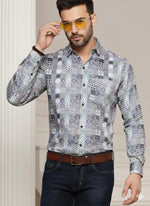 SN318 men’s grey cotton blend mosaic tile print slim fit shirt closeup detail view