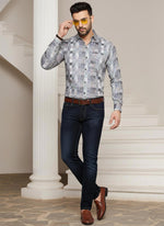 SN318 men’s grey cotton blend slim fit shirt with mosaic tile print and full sleeves front pose