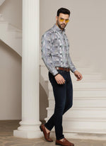 SN318 men’s grey cotton blend slim fit mosaic print shirt side pose with full sleeves