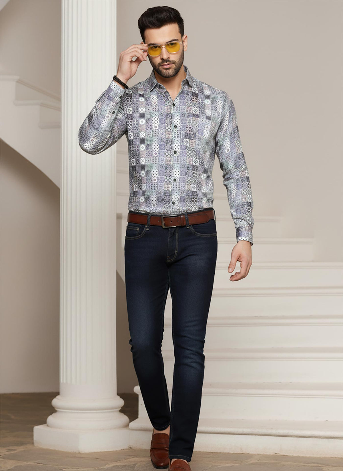 SN318 men’s grey cotton blend slim fit mosaic tile print shirt walking pose