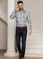 SN318 men’s grey cotton blend slim fit mosaic tile print shirt walking pose