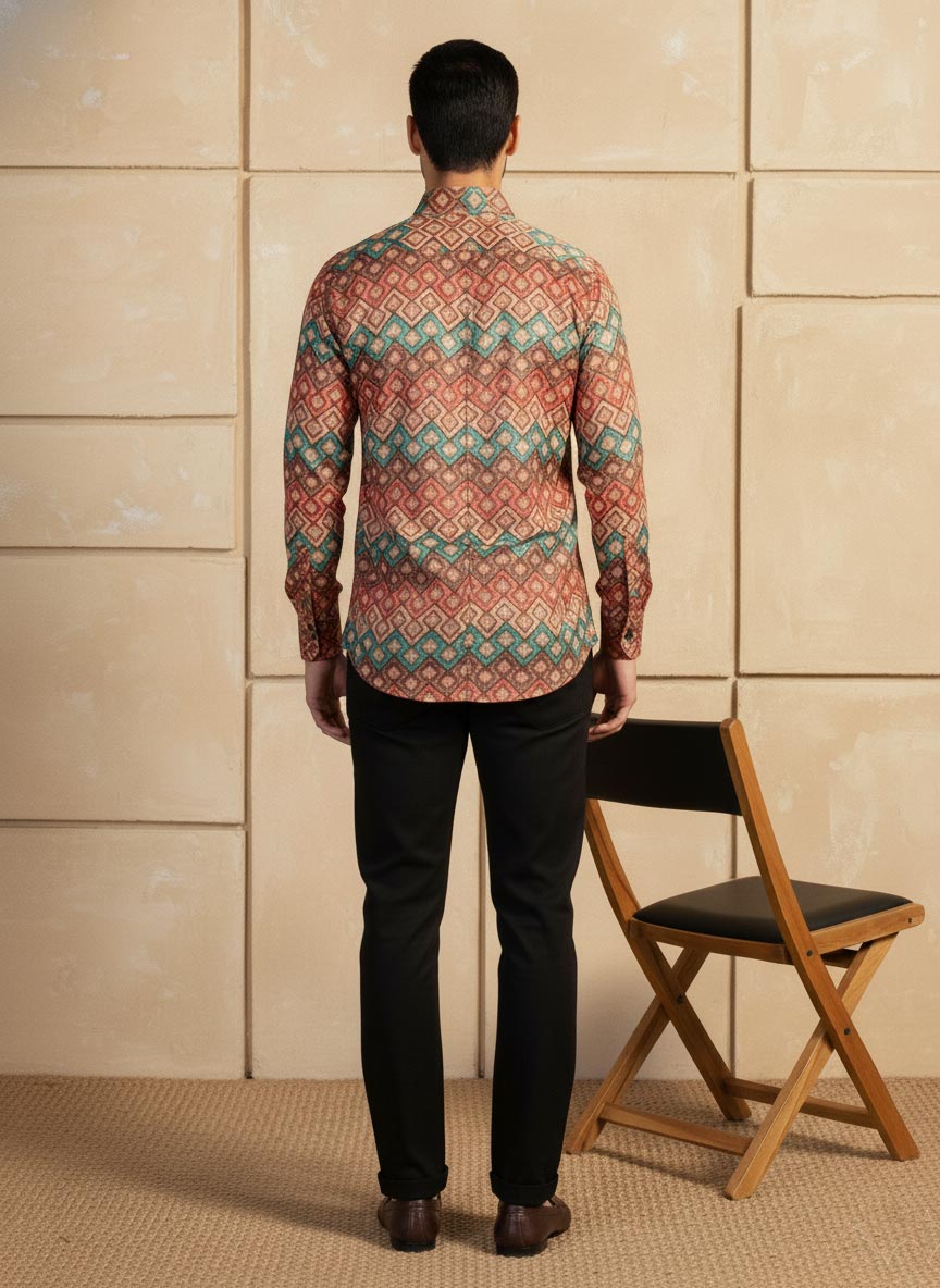SN319 multicolor cotton blend geometric print men shirt back pose with long sleeves and curved hem