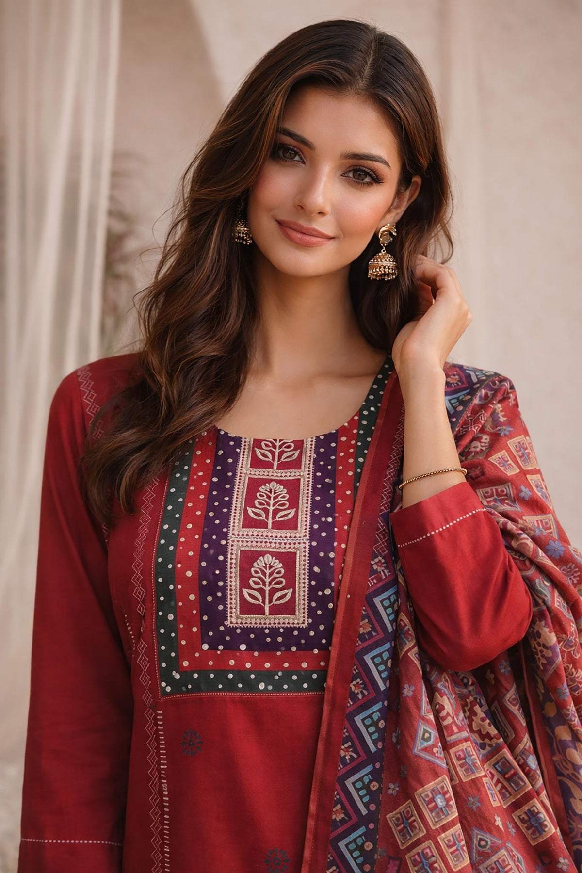 SN32 women’s rust red cotton kurta set closeup showing printed neckline and three-quarter sleeves.