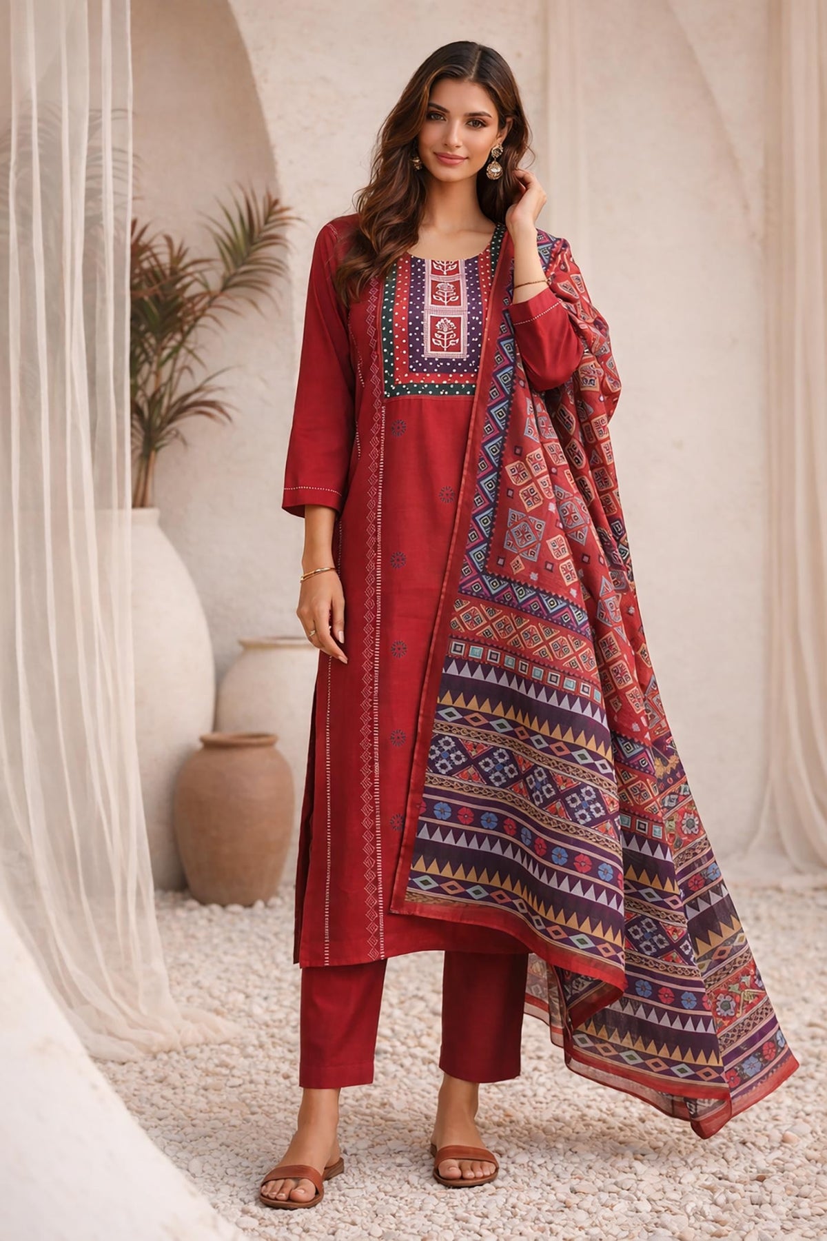 SN32 women’s rust red cotton kurta pant dupatta set with three-quarter sleeves front pose.