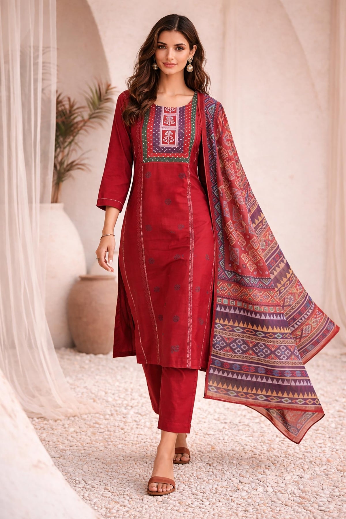 SN32 women’s rust red cotton kurta pant dupatta set walking pose with flowing dupatta.