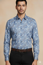 SN320 blue cotton men’s long sleeve shirt closeup featuring mosaic geometric tile print and collar detail