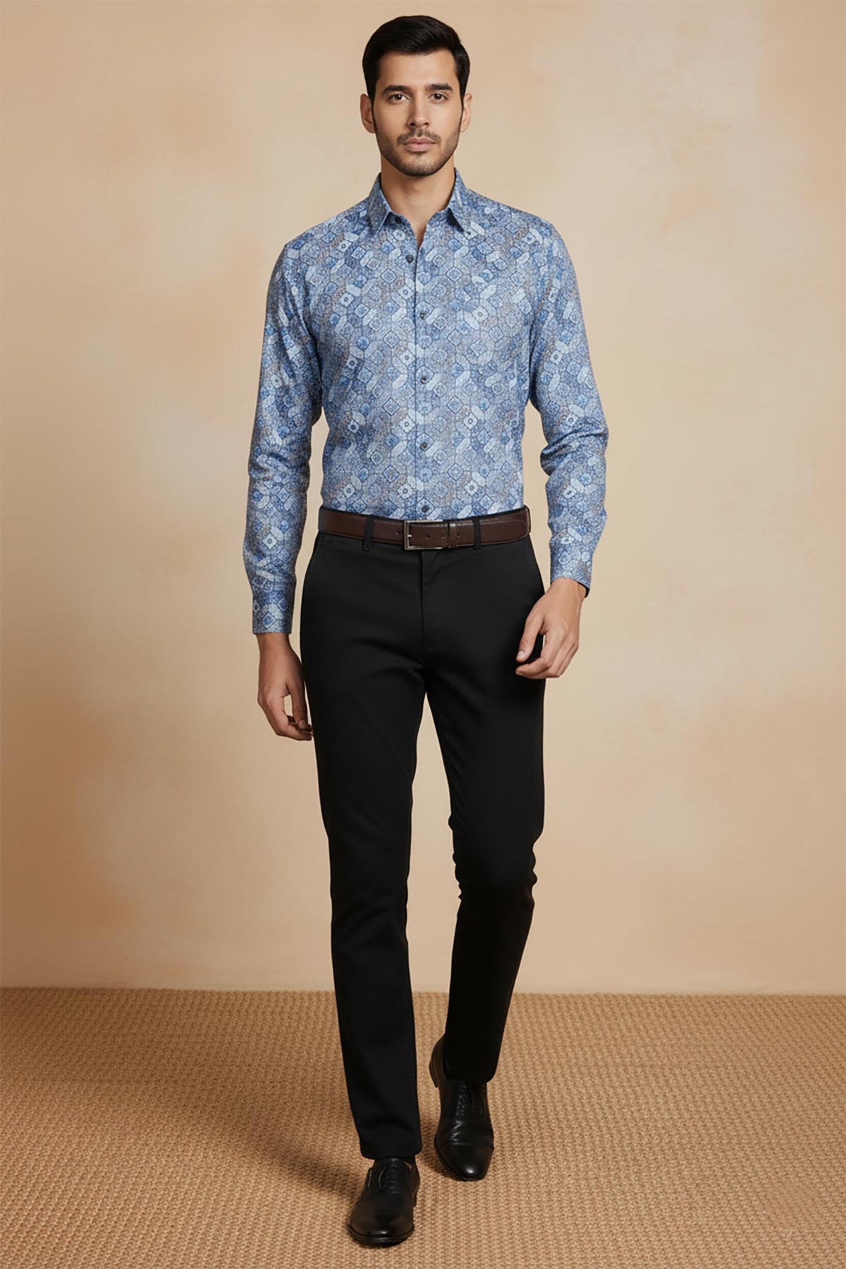 SN320 blue cotton men’s slim fit geometric print shirt walking pose with formal trousers and shoes